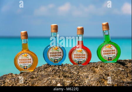Colourful liqueur bottles and the famous 'Blue Curacao' liqueur, Willemstad, Curacao, Netherlands Antilles, Caribbean, Caribbean sea Stock Photo
