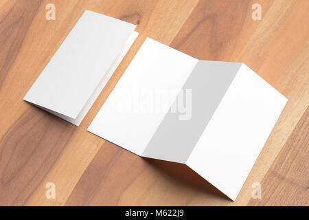 Thrifold - Three fold brochure mock up on wooden background. 3d illustrating Stock Photo