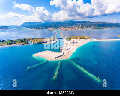 Entrance to the Lefkada Port and Beach birds eye view in Lefkada Island Greece Stock Photo