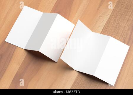 Thrifold - Three fold brochure mock up on wooden background. 3d illustrating Stock Photo