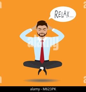 businessman meditates in lotus position. Harmony, relax, spiritual energy.Stock vector illustration in cartoon style. Stock Vector