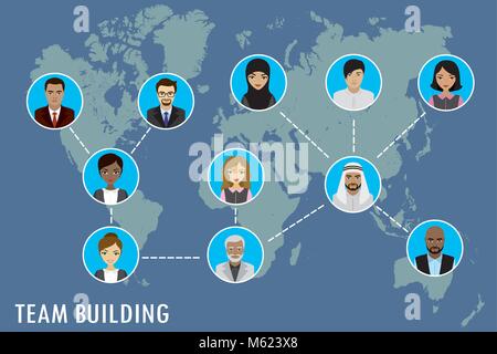 People avatar on world map, team building concept, vector stock illustration Stock Vector