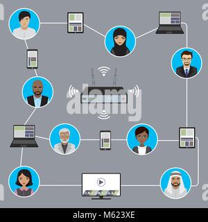Conceptual picture of connection between business people with smart gadgets.Flat  Vector illustration. Stock Vector