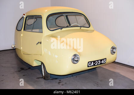 Malaga, Spain - December 7, 2016: The egg Fuldamobil car (model 1955) Germany displayed at Malaga Automobile and Fashion Museum in Spain. Stock Photo
