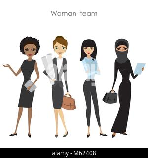 Set of four business woman, cartoon female team,lady of different races isolated on white background,stock vector illustration Stock Vector