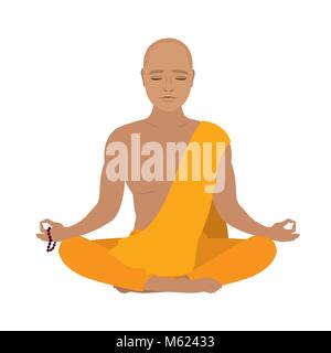 Tibetan monk in an orange robe. Novice yoga. Buddhist in lotus position.Isolated on white background. Vector illustration Stock Vector