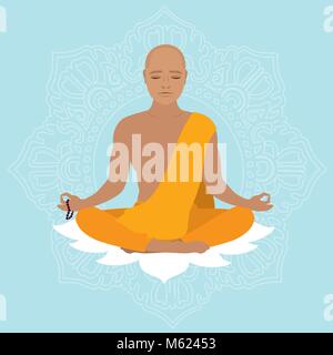 Tibetan monk in an orange robe. Novice yoga. Buddhist in lotus position. Vector illustration Stock Vector