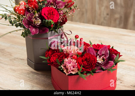 Two red boxes with flowers Stock Photo