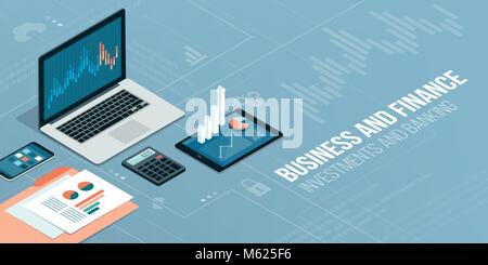 Finance, business and innovative technology: financial apps and services on laptop and mobile devices Stock Vector