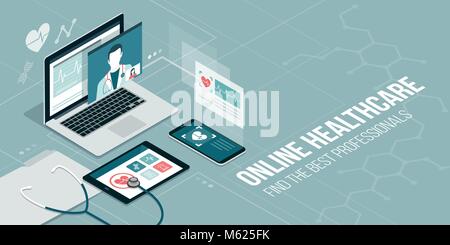 Online healthcare and medical consultation: doctor videocalling on a laptop and medical apps on mobile devices Stock Vector