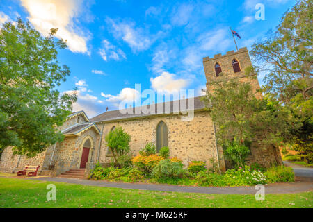 Famous landmark of St John the Evangelist Anglican Church, the oldest church to be consecrated in Western Australia. This side view is from Peel Place in Albany. Sunset light shot. Stock Photo