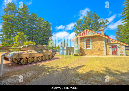 Esperance, Australia - Dec 26, 2017: Leopard Tank near War Memorial and RSL building on Dempster Street in Esperance, Western Australia. Stock Photo