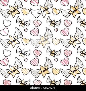 cute hearts love and stars with wings kawaii pattern Stock Vector