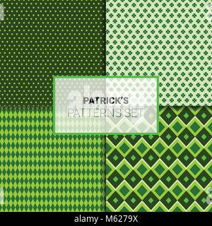 Happy St. Patricks Day Seamless Patterns Set Green Ornaments Background Stock Vector