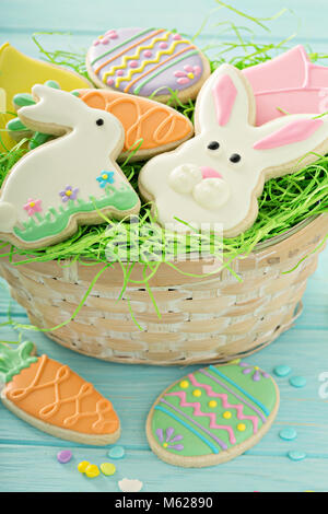 Easter cookies on blue table Stock Photo