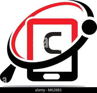 Hand phone Search initial Clogo, vector, template, icon, care, support, community, letter, technology, illustration, communication, design, cell, busi Stock Vector