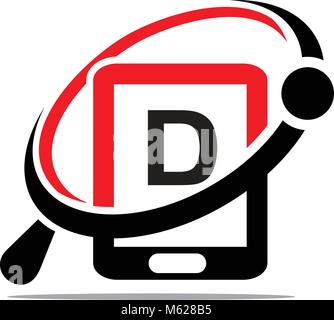 Hand phone Search initial Dlogo, vector, template, icon, care, support, community, letter, technology, illustration, communication, design, cell, busi Stock Vector