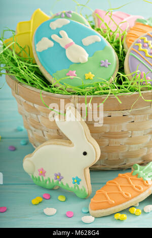 Easter cookies on blue table Stock Photo