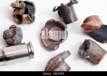 Various types of recovered spent bullets (projectiles) showing expansion (mushrooming) - USA