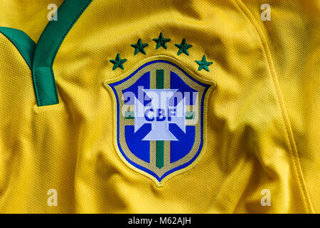 Rio de Janeiro, Brazil - circa February, 2018. - Brazilian Football Confederation emblem on football jersey. Stock Photo