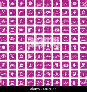 100 human resources icons set grunge pink Stock Vector