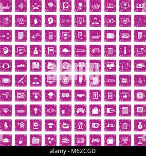 100 IT business icons set grunge pink Stock Vector