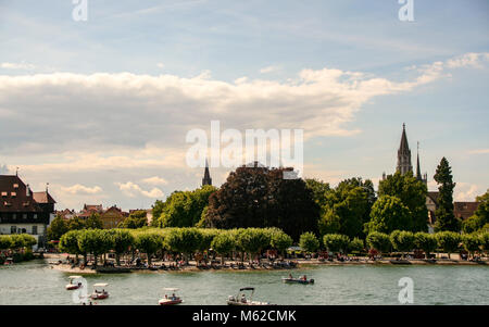 At Konstanz - Germany - On 08/04/2016 - View of the old town of Konstanz on Constance lake, with the skyline of cathedral, Bodensee, Germany, Stock Photo