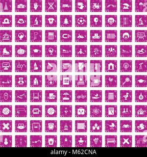 100 kids icons set grunge pink Stock Vector