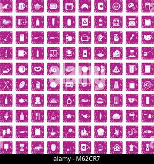100 kitchen icons set grunge pink Stock Vector