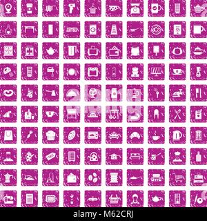 100 kitchen utensils icons set grunge pink Stock Vector