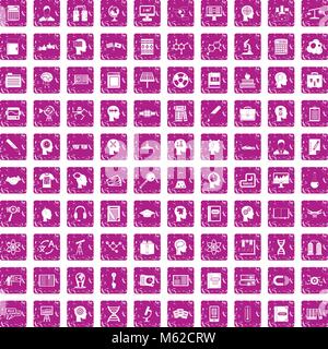 100 knowledge icons set grunge pink Stock Vector