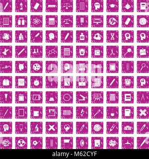 100 learning icons set grunge pink Stock Vector