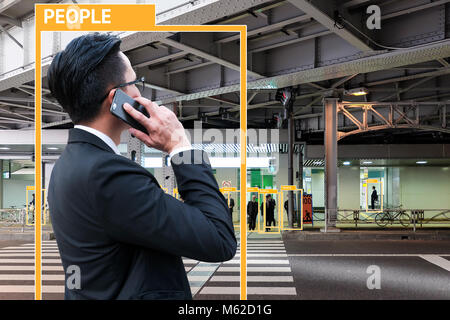 Machine Learning analytics identify person technology , Artificial intelligence concept. Software ui analytics and recognition people in city. Stock Photo