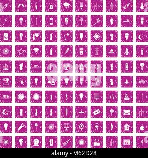 100 light source icons set grunge pink Stock Vector