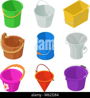 Bucket types container icons set, isometric style Stock Vector