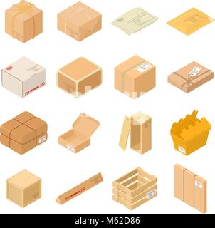 Parcel packaging box icons set, isometric style Stock Vector