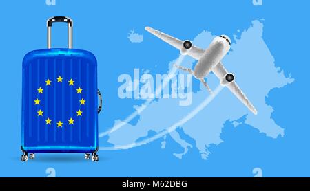 airplane travel europe with luggage on world map Stock Vector