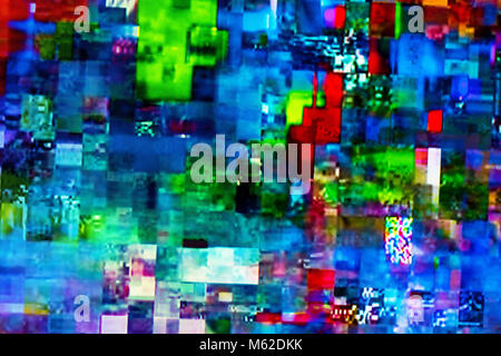 Digital TV glitch on television screen with misplaced squares, static effects and freezing problems during broadcast failure Stock Photo