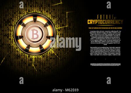 Golder bitcoin virtual currency technological background. Neon glowing sign and binary code Stock Vector