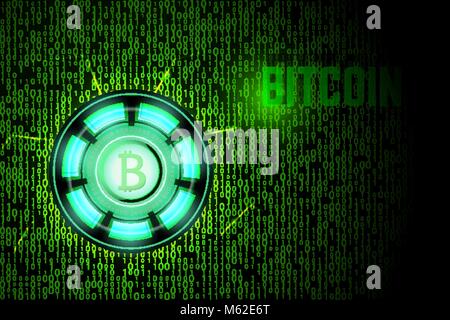Green bitcoin logo on binary background. Lighting power source vector illustration Stock Vector