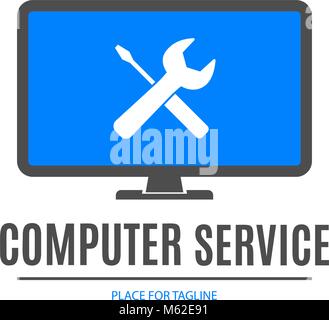 Computer service logo design with blue monitor Stock Vector