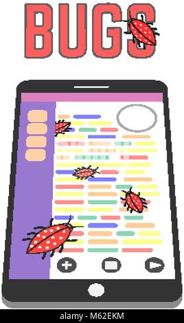Digital bugs on the smartphone screen. QA and IT illustration Stock Vector