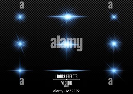 Set of light effects, lights and sparks. Blue lights on a transparent background. Bright blue flashes and glares. Bright rays of light. Vector illustr Stock Vector