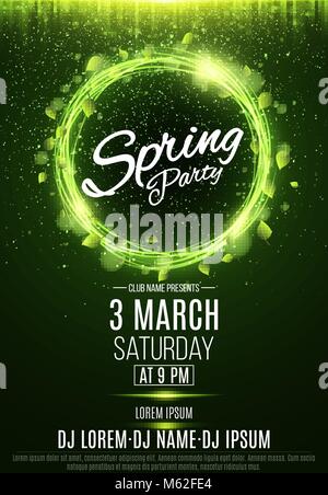 Poster for a spring party. Abstract banner of swirling neon lines. Green fresh leaves. Invitation card in night club. The names of the club and DJ. Lu Stock Vector