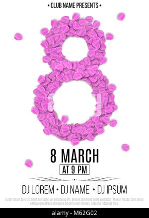 Template for party on March 8. Invitation card to the night club. Figure 8 of the purpe tulip petals. Women's Day. Names of the club and DJ. Vector il Stock Vector