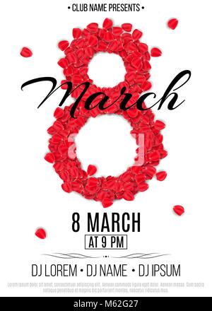 Template for party on March 8. Invitation card to the night club. Figure 8 of the red rose petals. Women's Day. Names of the club and DJ. Vector illus Stock Vector