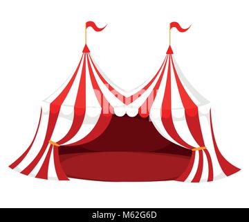 Red and white circus or carnival tent with flags and red floor vector illustration on white background web site page and mobile app design Stock Vector