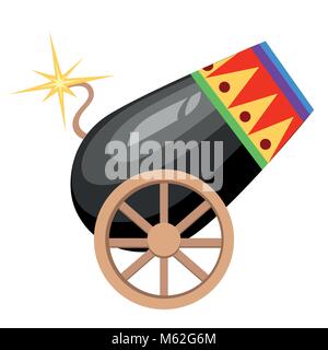 Circus design black cannon on wheels with burning wick and colored ornament vector illustration on white background web site page and mobile app design Stock Vector