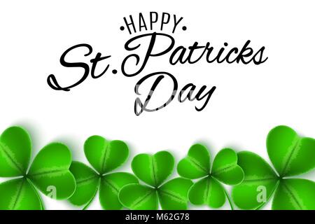 Happy St. Patricks Day. Greeting card. Clovers of shamrocks on white background. Calligraphic decorative text. Festive template for your design. Vecto Stock Vector