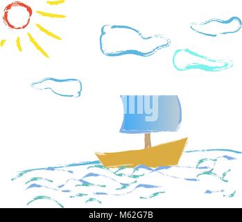 boat on the waves of the sun sunshine vector illustration blue background blue background Stock Vector